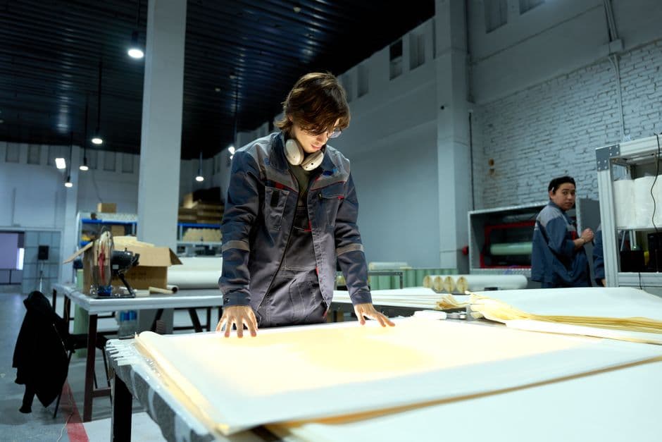 Quality control worker inspecting material in a factory
